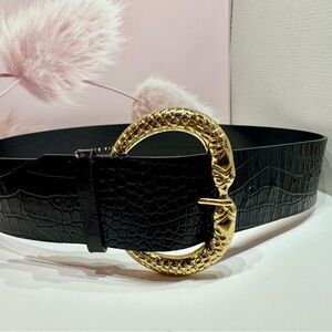 Claudie Pierlot T1 Small Snake Buckle Croc Embossed Leather Wide Belt